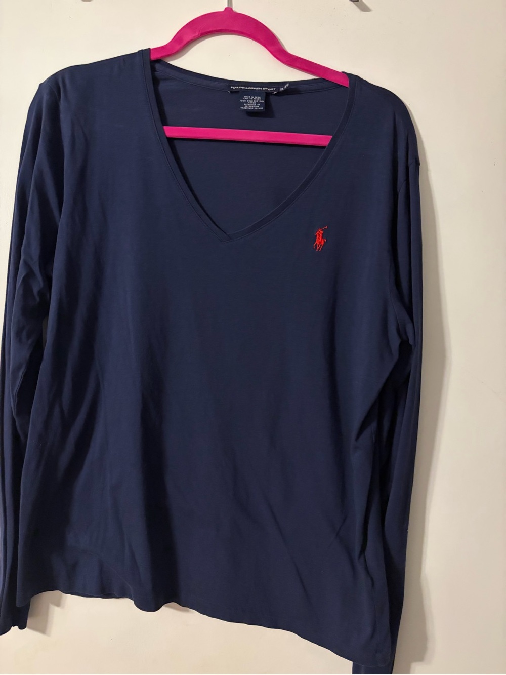 Polo by Ralph Lauren Navy V-Neck Long Sleeve Top with Red Pony